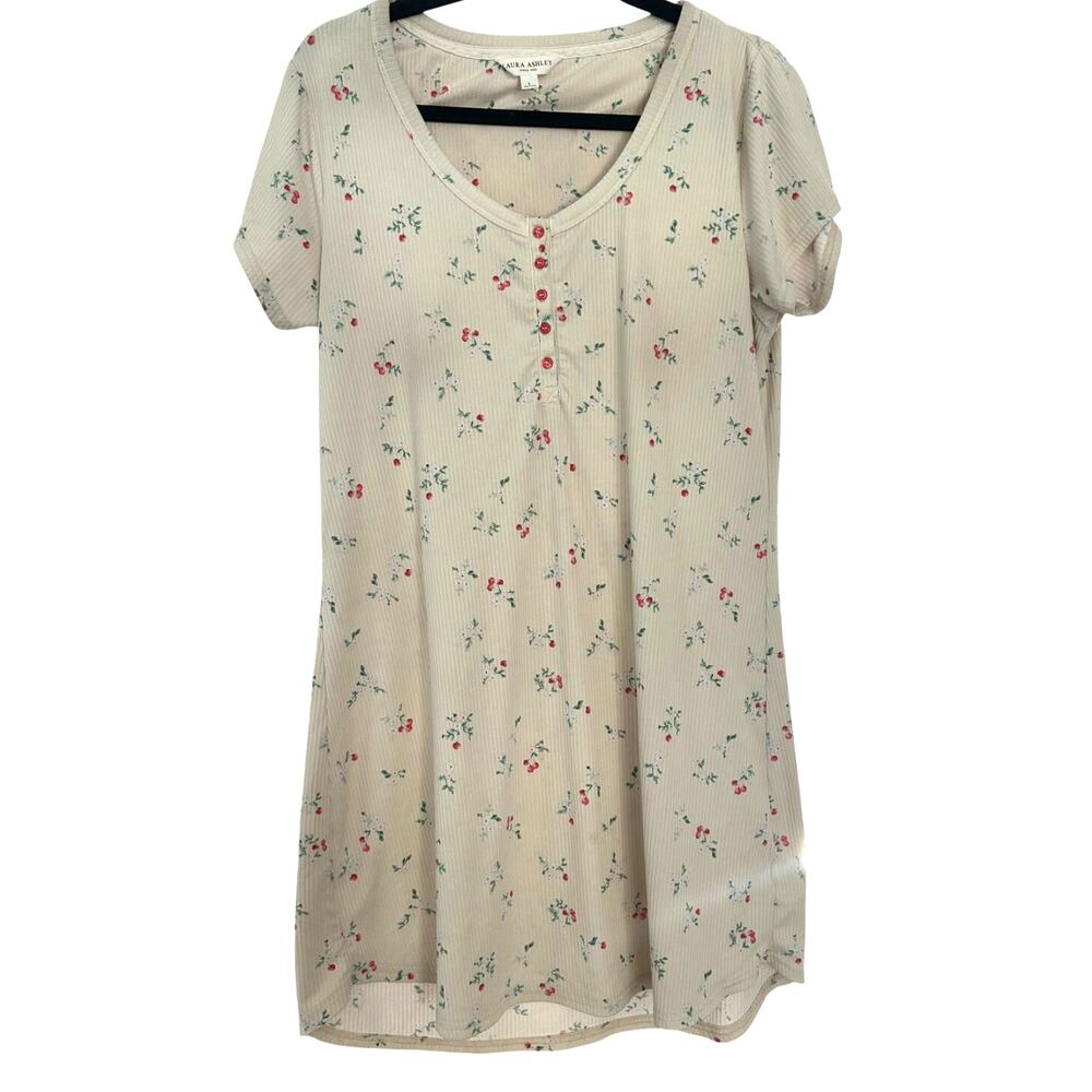 Laura Ashley Floral Ribbed Nightgown Cream Cherry Print Henley Sleep Shirt L
